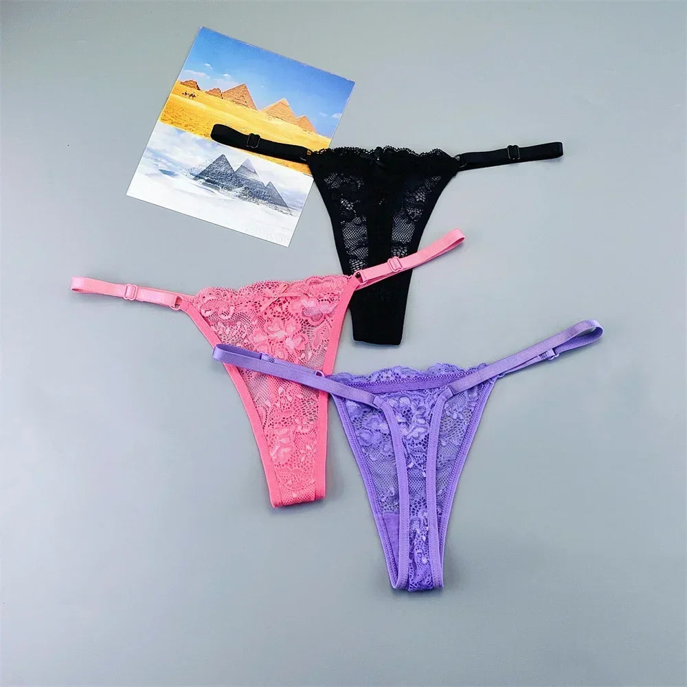 3PCS Einstellbare Sexy Transparent Tanga Höschen Frauen Spitze Unterwäsche Niedrige Taille Weibliche T-zurück String Unterhose